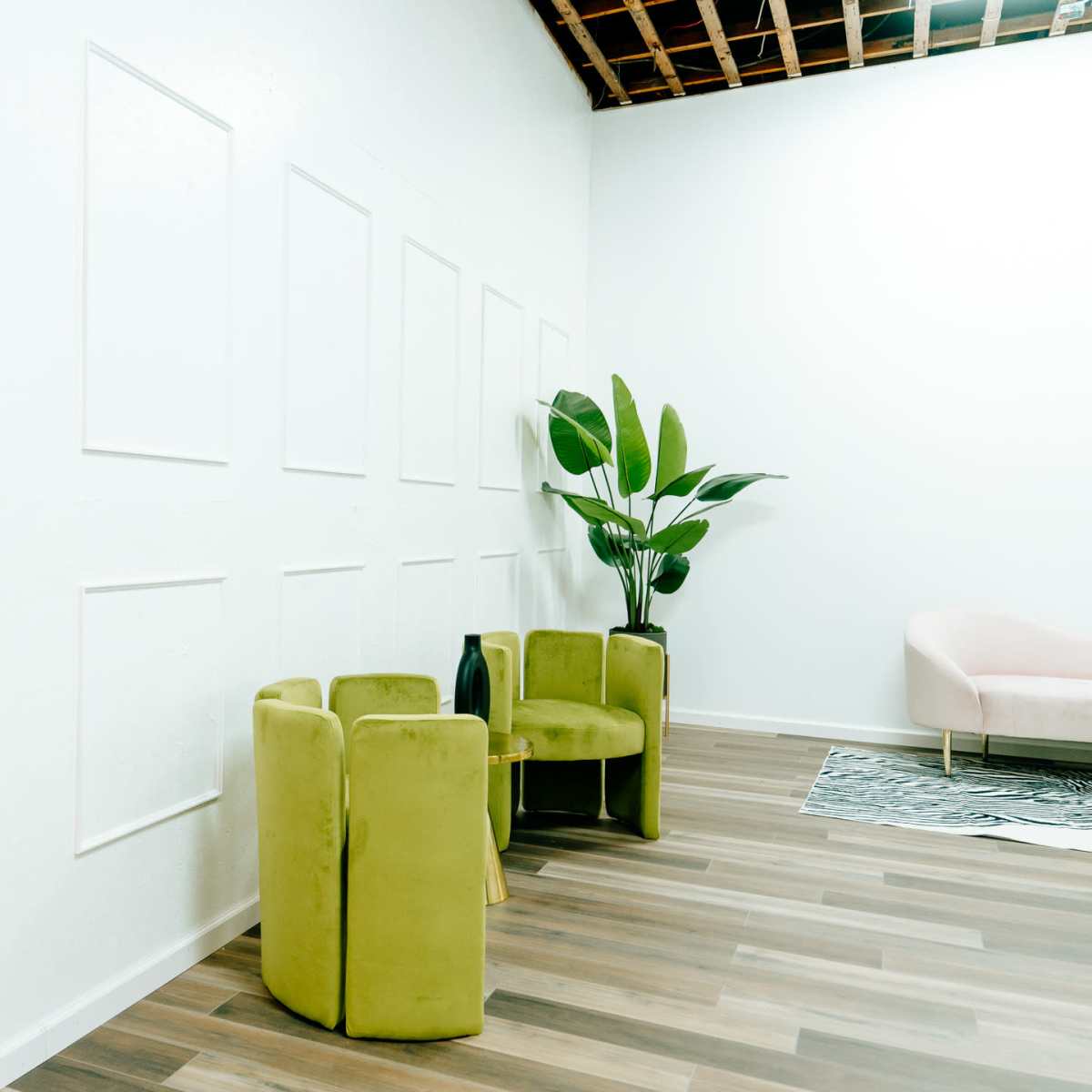 A minimalist interior space featuring two green chairs, a large potted plant, and a light pink sofa, with blank frames on the white wall.