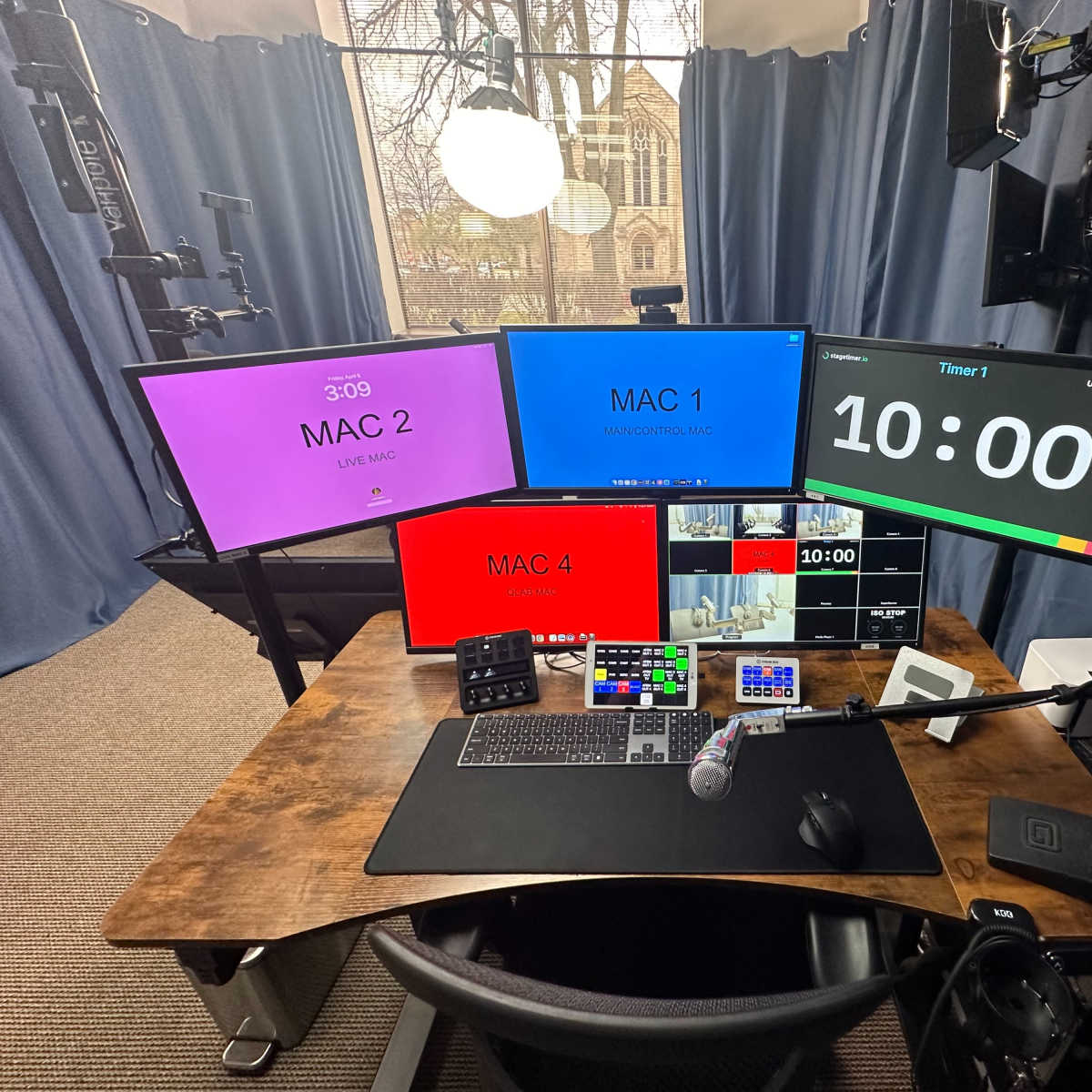 A multi-monitor setup on a desk, featuring four screens labeled "MAC 1," "MAC 2," "MAC 4," and a timer displaying "10:00," along with various control devices and a microphone.