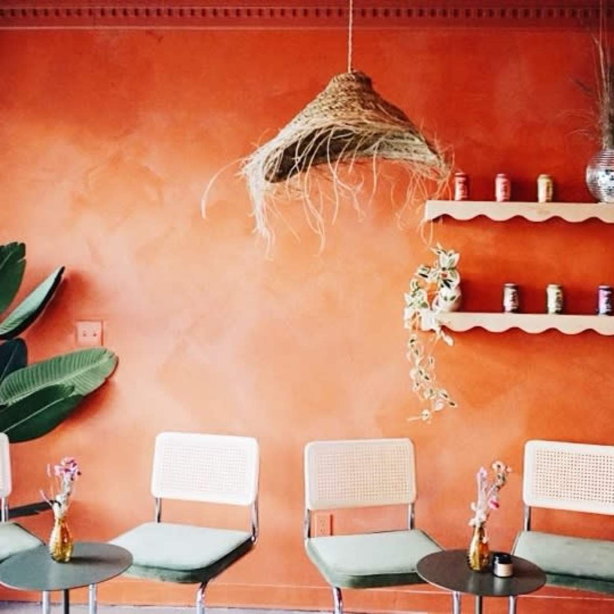A cozy café interior featuring orange walls, green chairs, and decorative elements like hanging plants and shelves with colorful cans.