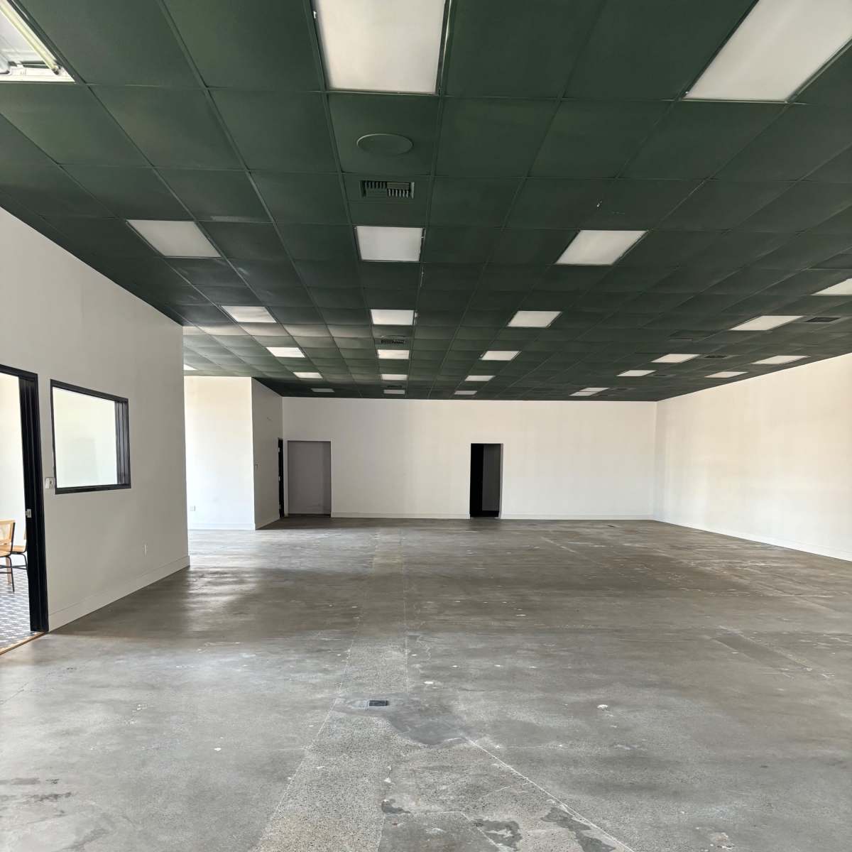 An empty room with a concrete floor and a green ceiling, featuring two doorways and large windows on one side.
