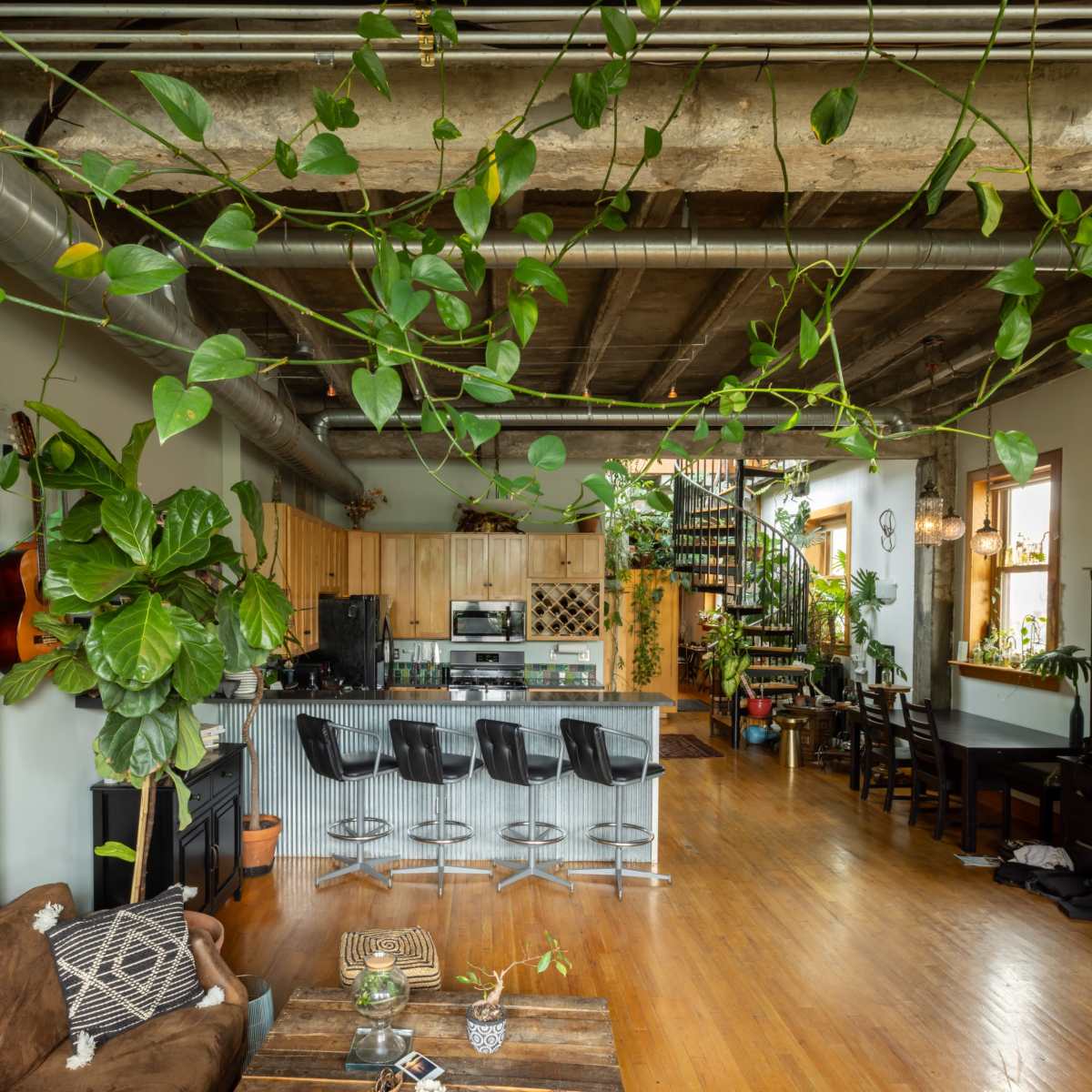 An open-concept living space featuring a kitchen with bar stools, surrounded by various plants and a staircase leading to an upper level.