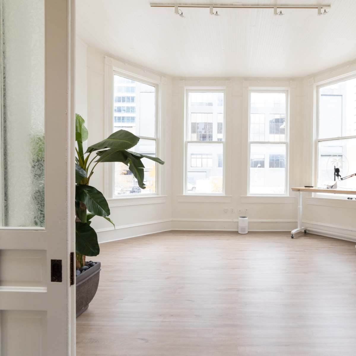 A bright, unfurnished room with large windows, a potted plant, and a standing desk in the corner.