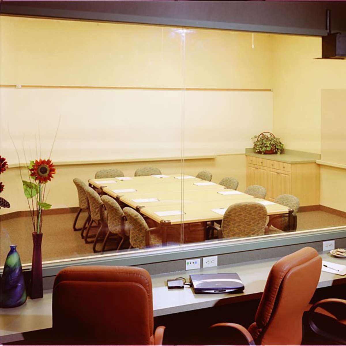 A conference room with a long table surrounded by chairs, viewed through a glass wall, features a plant and decorative elements.