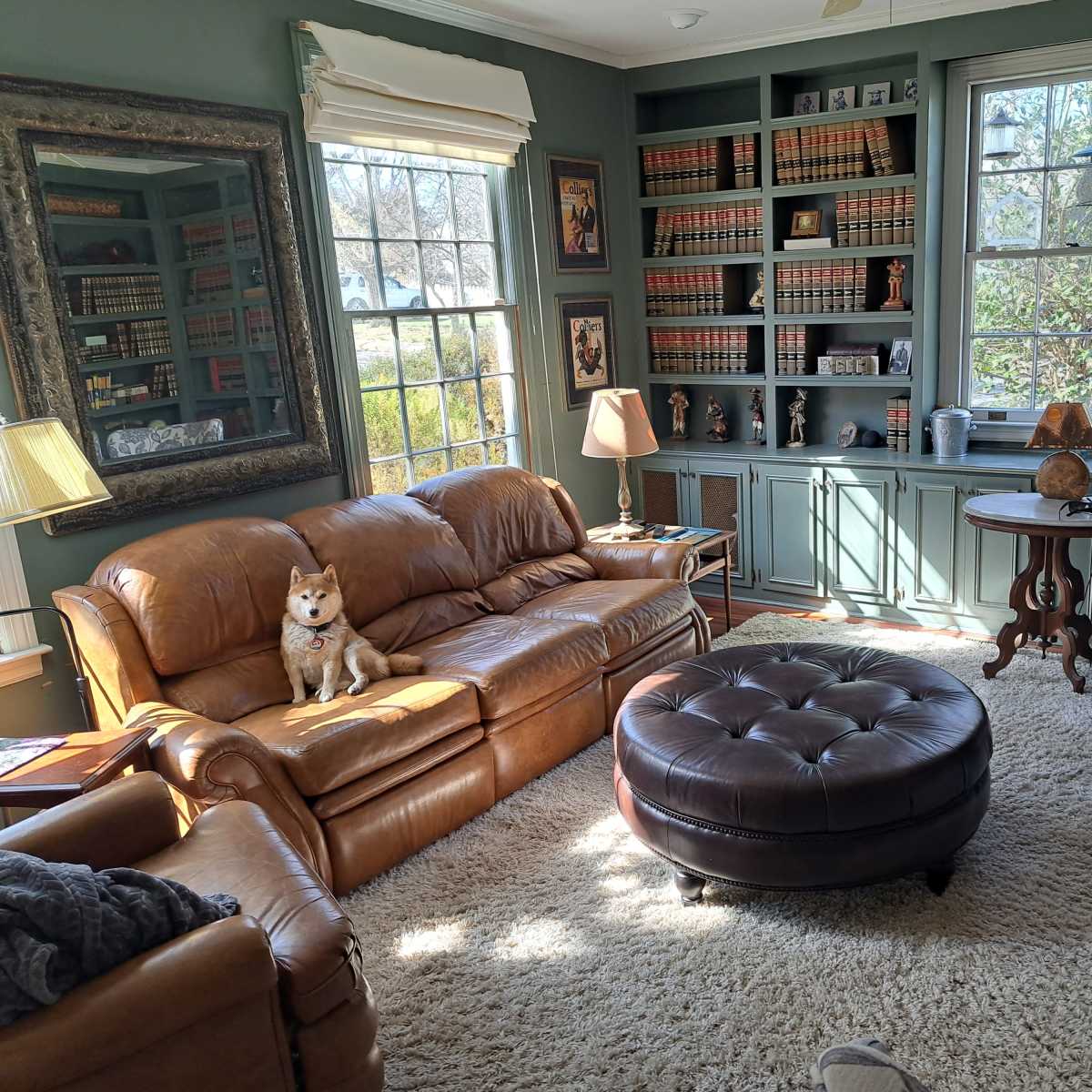 A cozy living room with a brown leather couch, a round ottoman, a patterned armchair, and a dog sitting on the couch, surrounded by bookshelves filled with books.