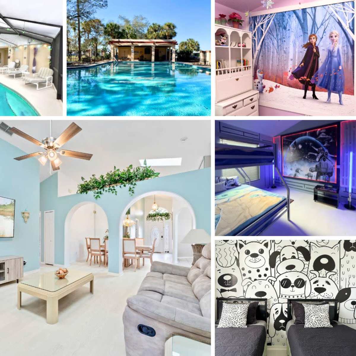 A collage of a pool area, a recreational building, a bright living room, a dining area, a children's bedroom themed with characters, and a room featuring a panda-patterned wall.