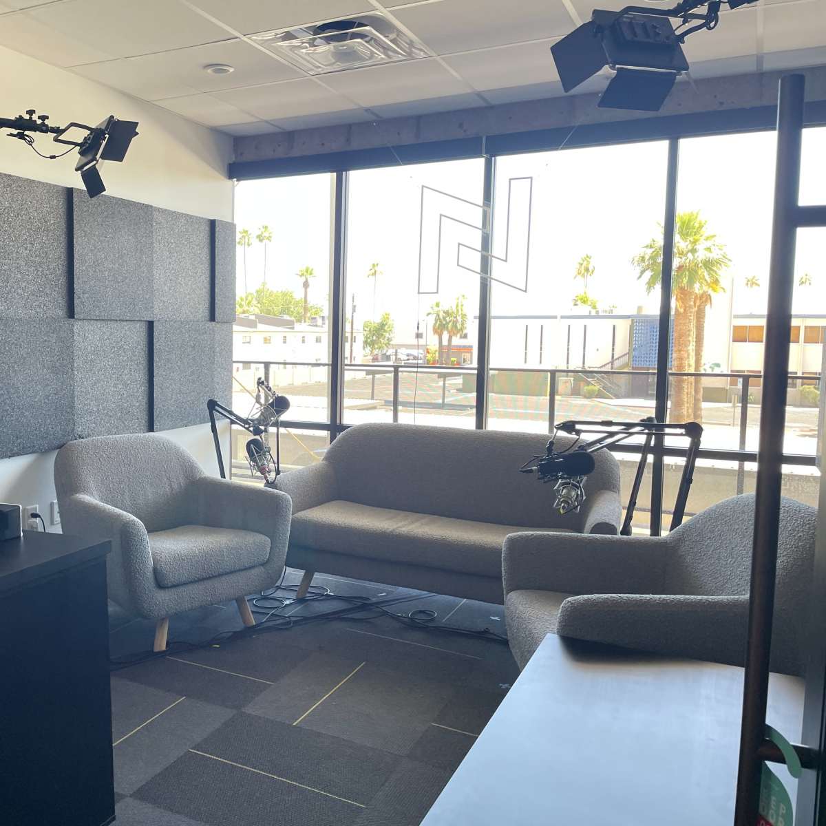 A Podcast Studio Uptown Phoenix 85014, modern set, 2nd flr w/ urban view, min blinds backdrop in Phoenix Image in Camelback East Village, Phoenix, AZ