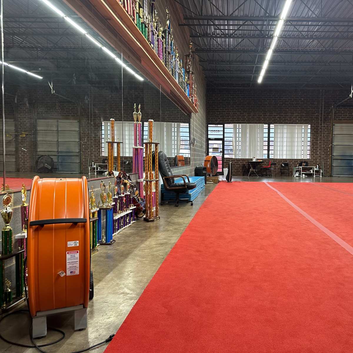 An indoor space with a red carpeted floor, decorated with various trophies along one wall, and large windows allowing daylight to enter.