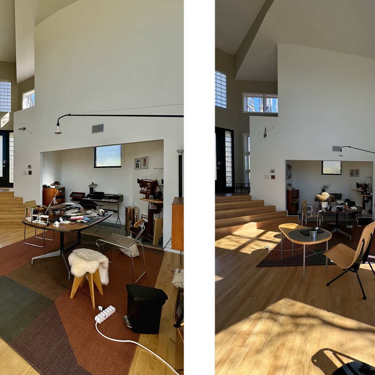 A spacious, modern interior with large windows, featuring two different angles of a room filled with furniture, a desk, and various decorative items.