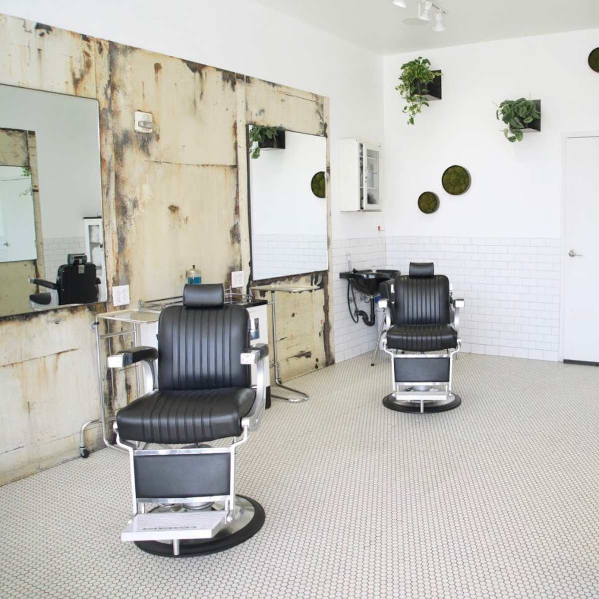 A modern barbershop featuring three black barber chairs, large mirrors, and green plants on the walls.