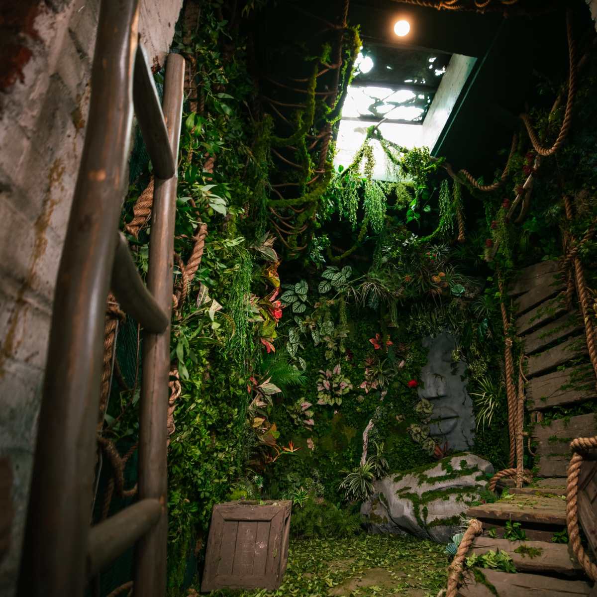The scene depicts a dimly lit, overgrown corridor surrounded by lush greenery and adorned with ropes and wooden planks.