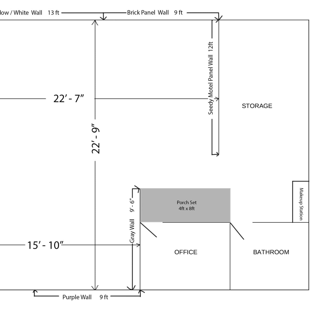The diagram illustrates a floor plan of a space featuring designated areas including an office, bathroom, and storage, along with various wall types and their dimensions.