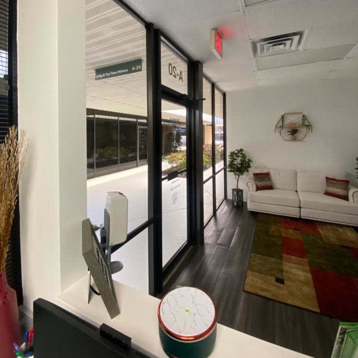 The interior of an office space with a reception area leading to a waiting room that features a couch and decorative plants.