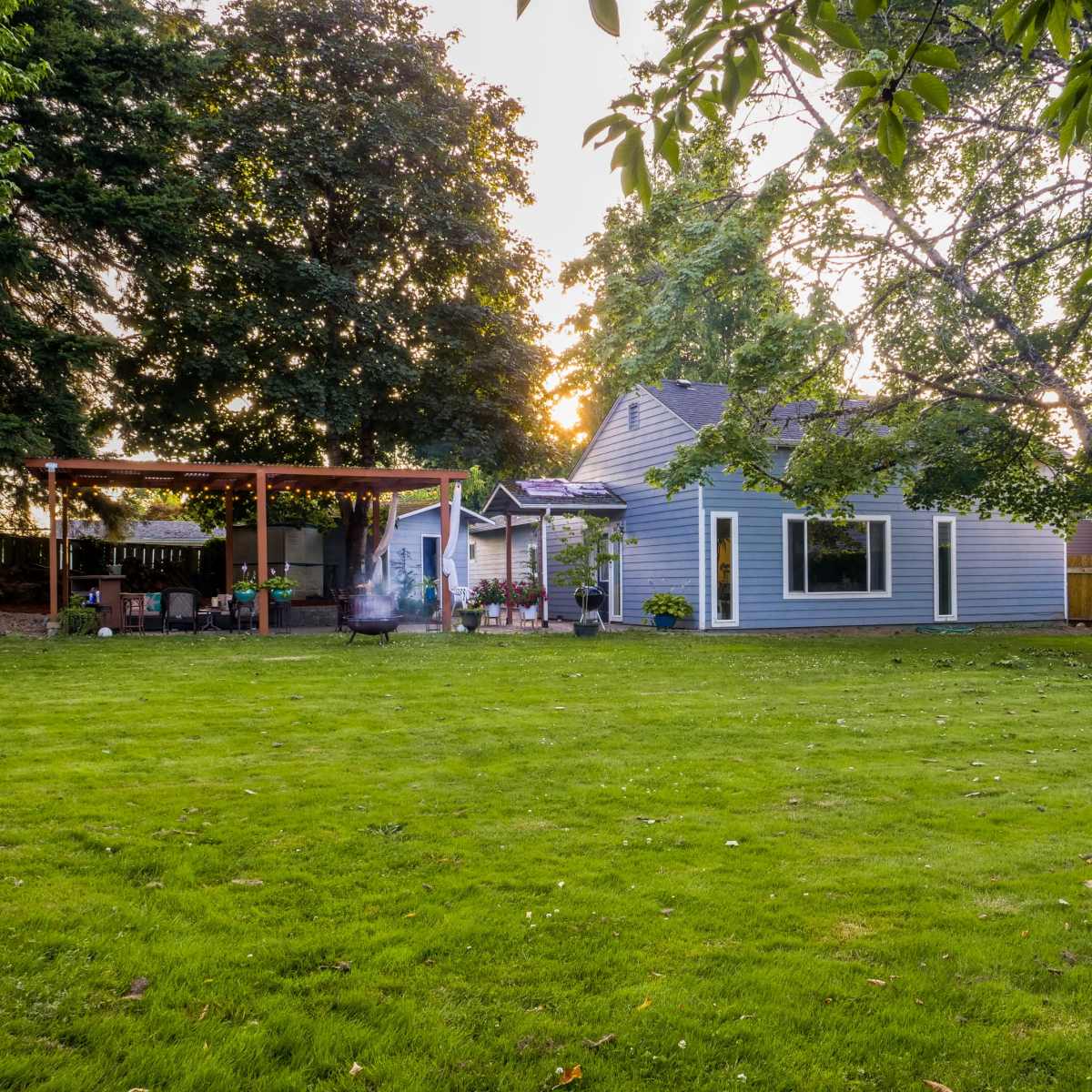 A spacious backyard features a green lawn, a wooden pergola, and a blue house with large windows.
