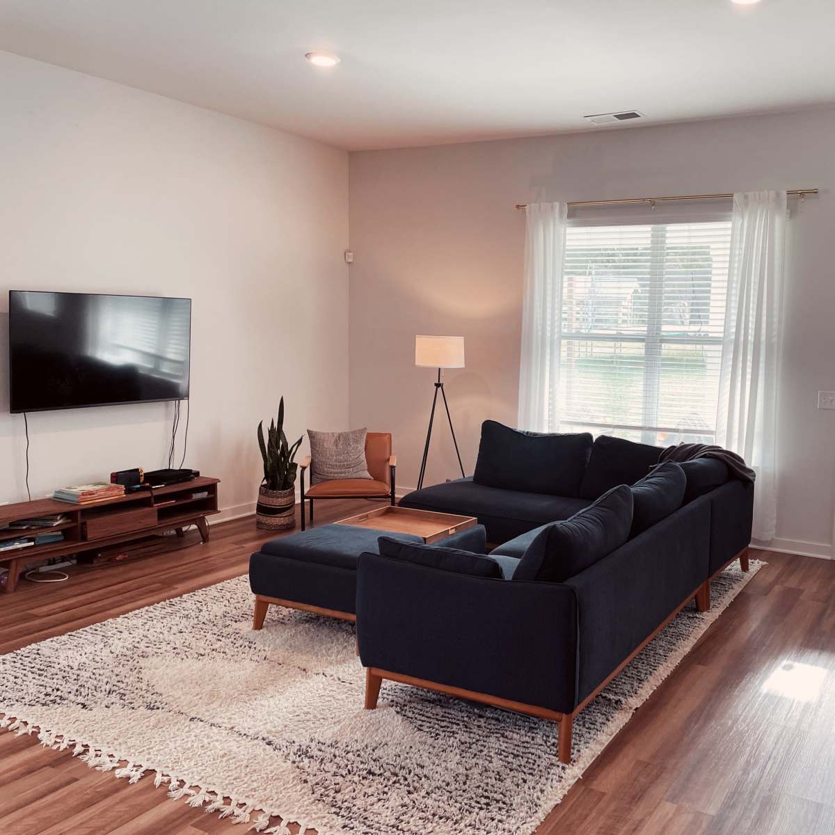An inviting living room features a dark blue sectional sofa, a standing lamp, a television mounted on the wall, a plant in the corner, and a door leading outside.