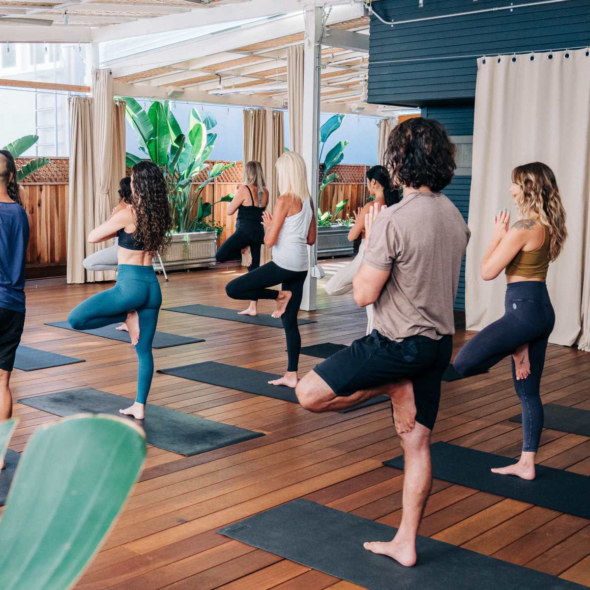 A group of people practices yoga on mats in a spacious indoor studio surrounded by plants.