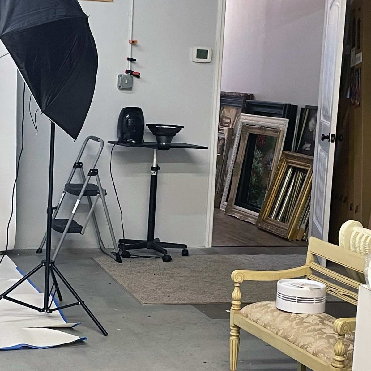 A photography studio setup with a softbox light, a small folding ladder, a rolling cart, and an open door revealing a room with framed artwork.
