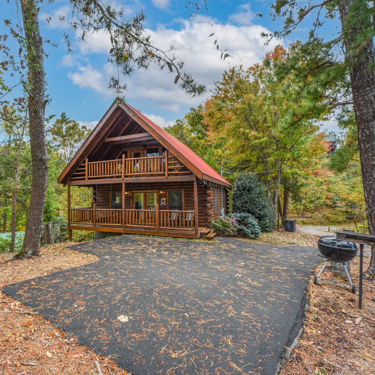 A log cabin with a red roof sits surrounded by trees and a gravel driveway.