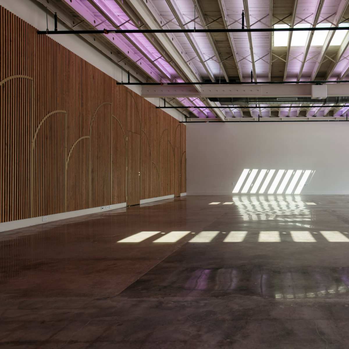 A minimalist interior features polished concrete floors, wooden wall paneling, and light streaming in through a window, creating distinct shadow patterns.