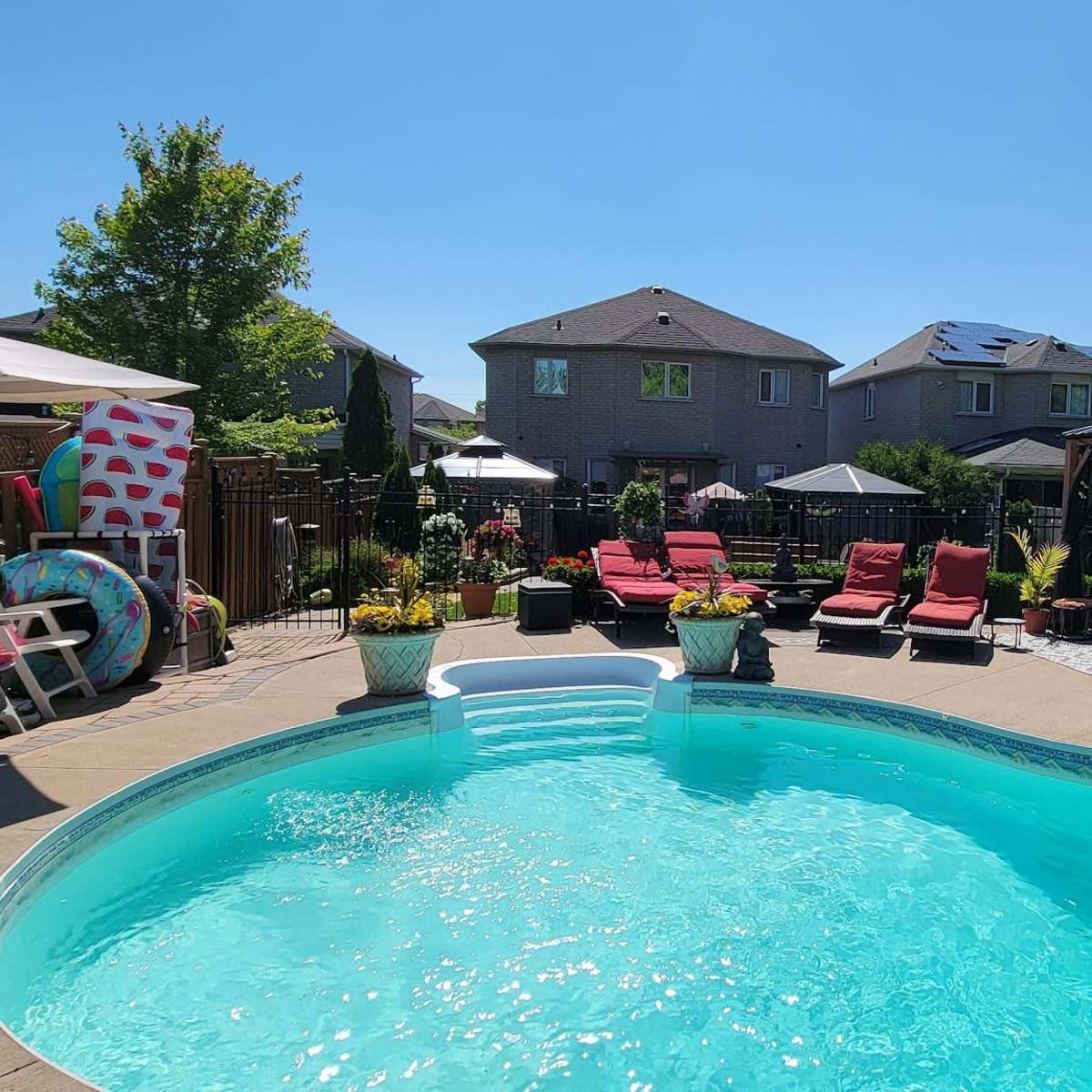 A backyard swimming pool surrounded by lounge chairs, potted plants, and a gazebo, with residential houses in the background.