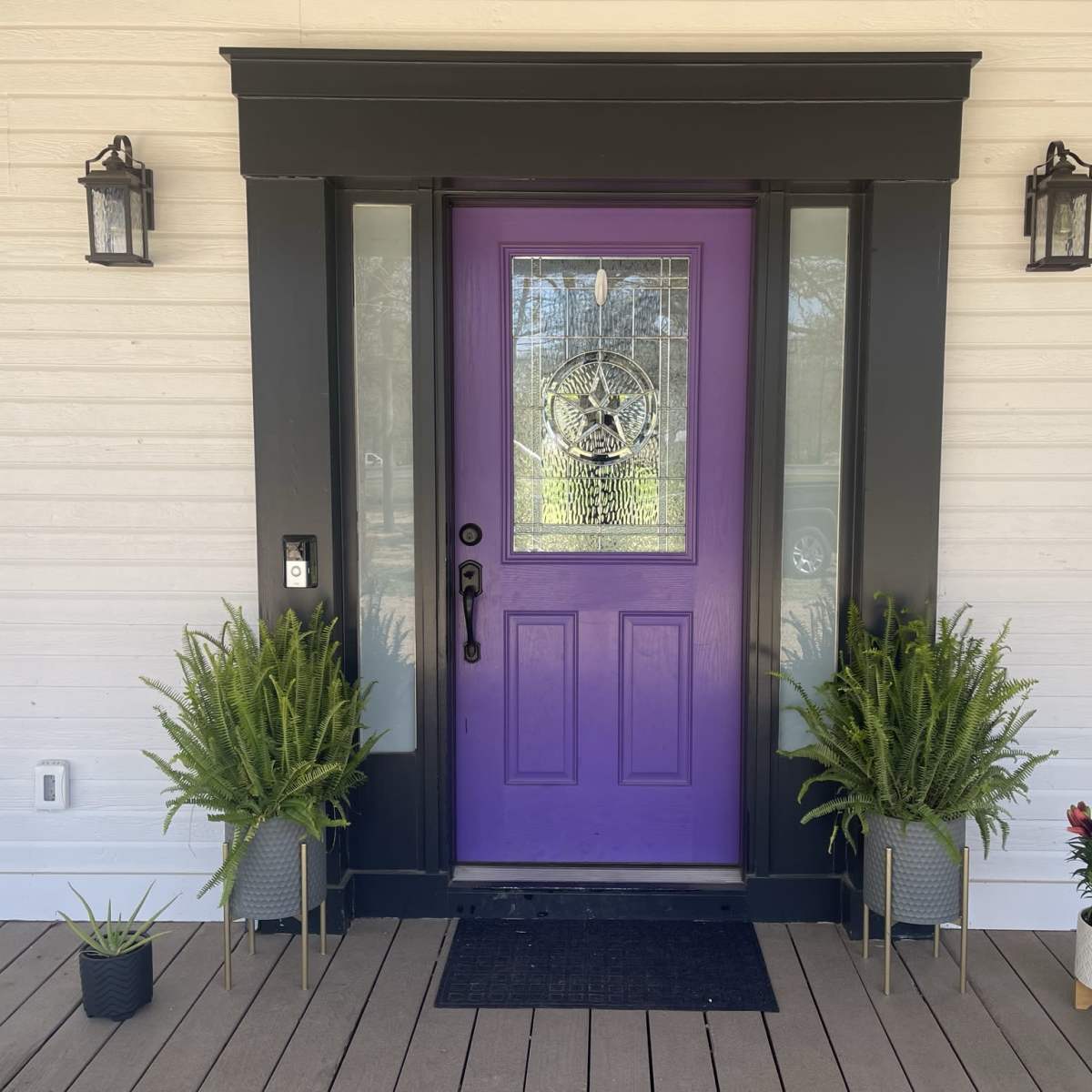 The entrance features a purple front door with a stained glass design, flanked by potted plants on either side.
