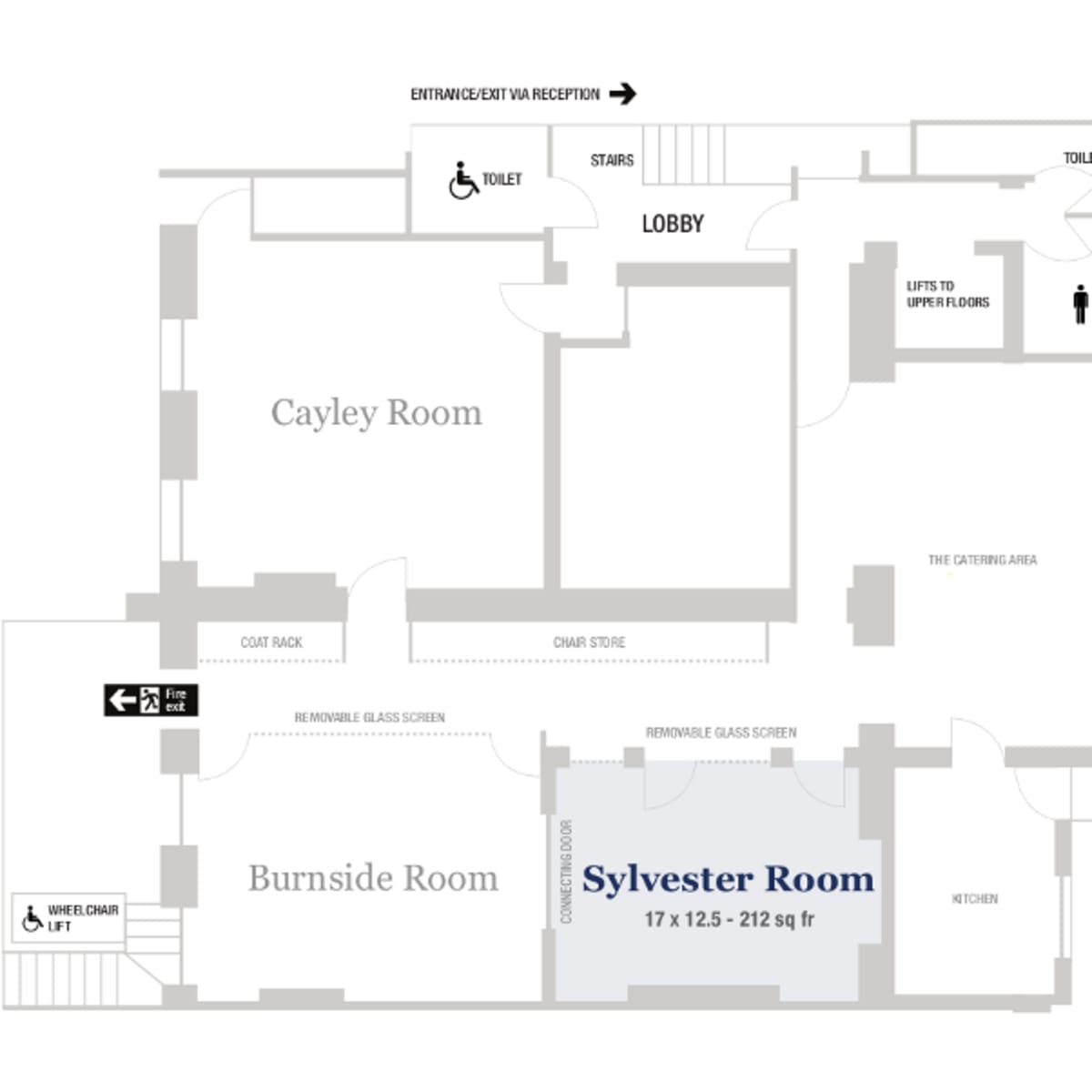 The floor plan shows the layout of a building with labeled rooms including the Sylvester Room, Burnside Room, Cayley Room, and Hardy Room, along with entrances, restrooms, and a garden area.