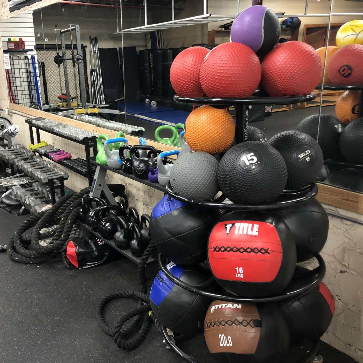 A gym area with various exercise equipment, including weights, medicine balls stacked on a rack, and battle ropes along a mirrored wall.