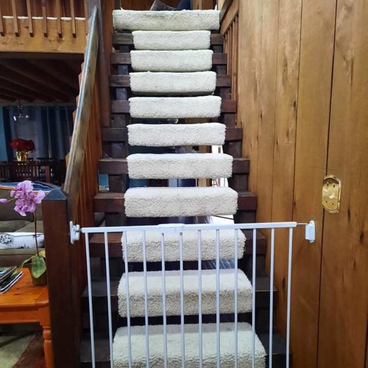 A staircase with carpeted steps and a white safety gate at the bottom.