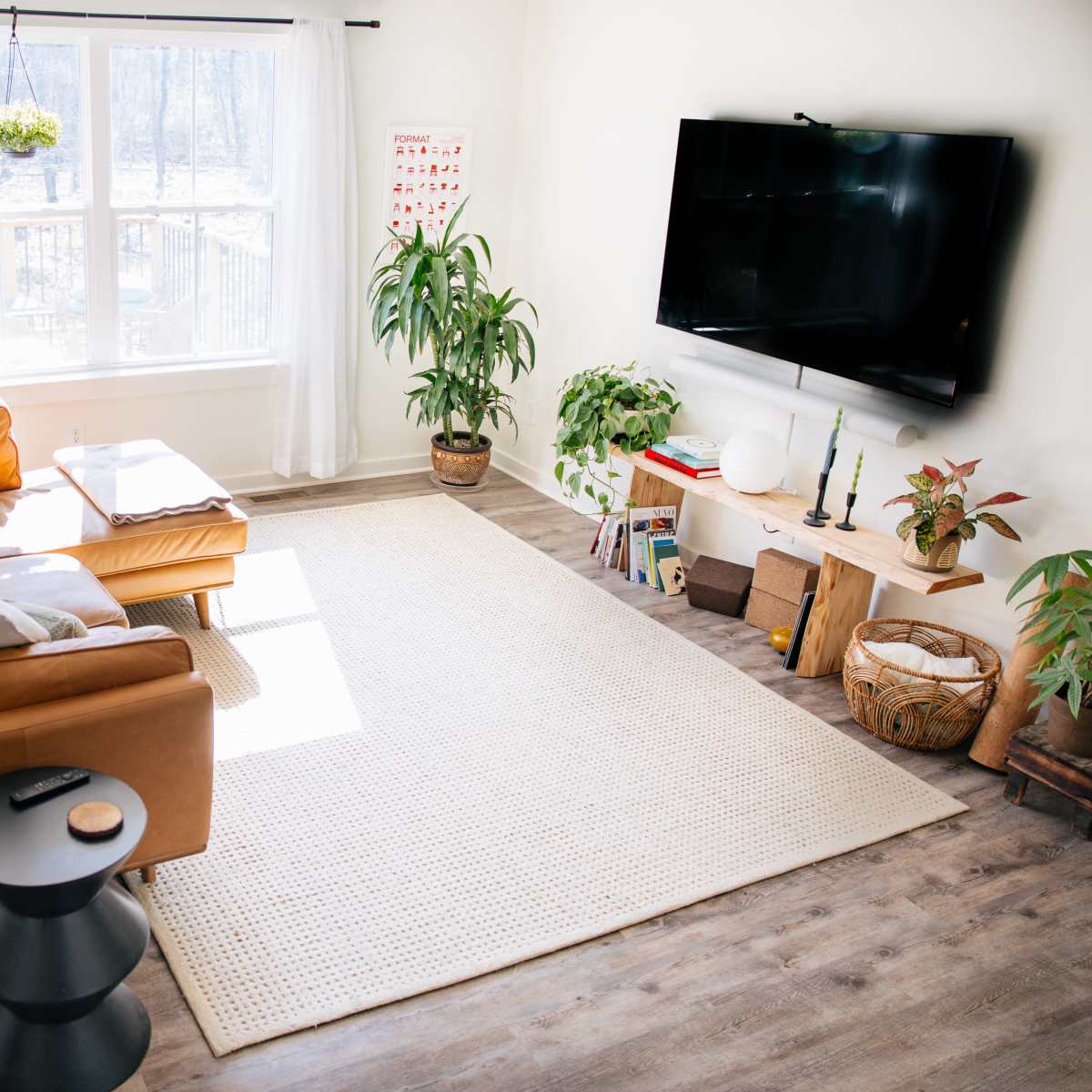 A well-lit living room features a brown leather couch, a television mounted on the wall, and various plants, with a door leading outside and a window showcasing a view of greenery.