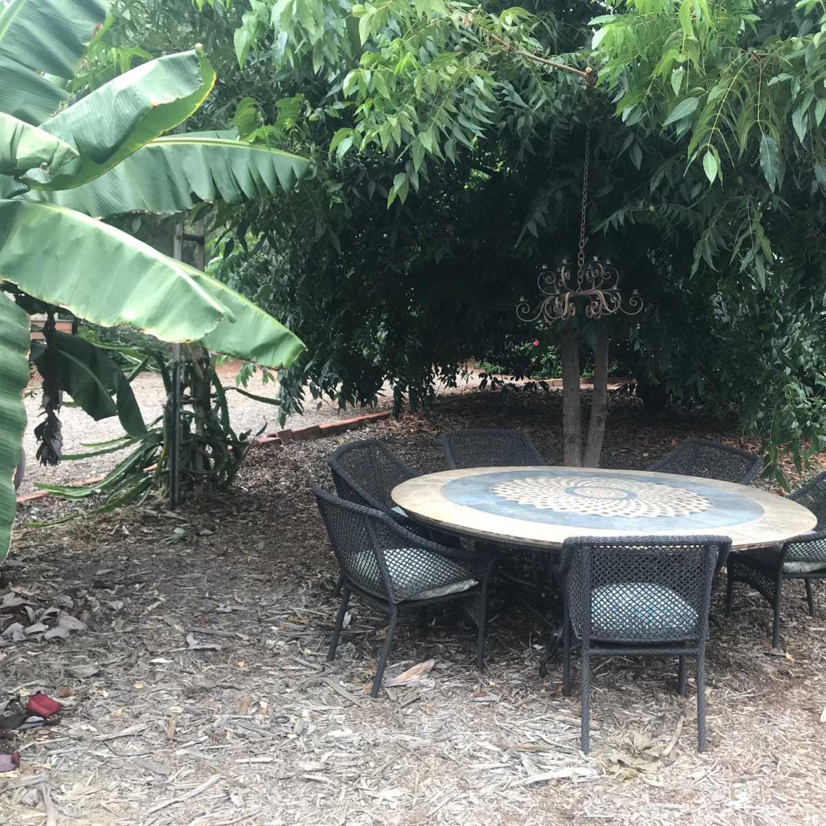A round table surrounded by six chairs is situated under a canopy of trees in a garden area.