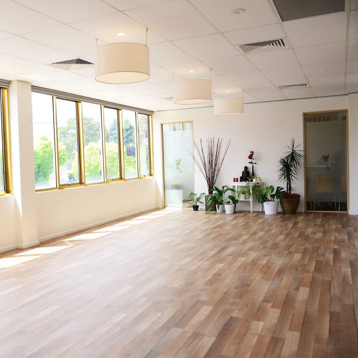A bright, spacious room with large windows, wooden floors, and potted plants along the walls.