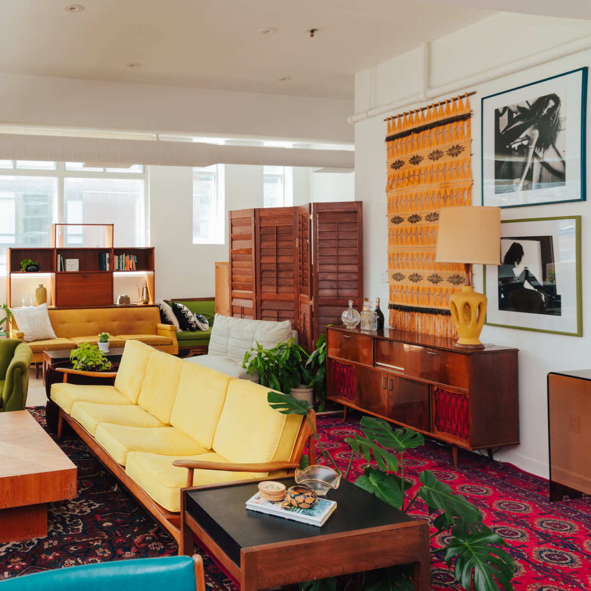 A spacious, well-lit living room featuring various vintage furniture pieces, plants, and decorative items arranged around a colorful area rug.