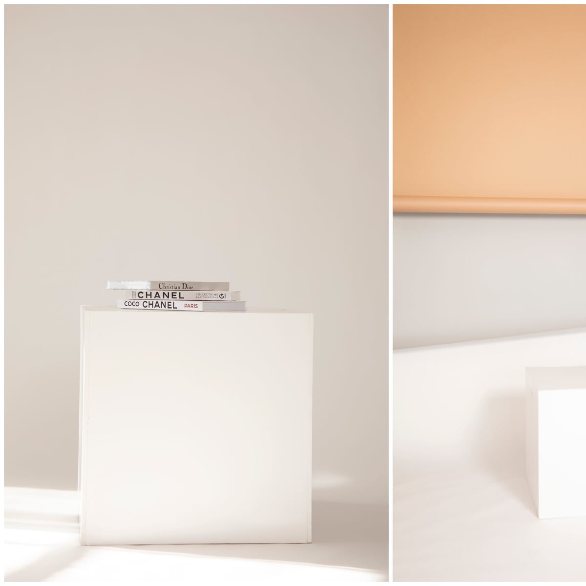 Two minimalistic white cubes, one stacked with books and the other set against a softly colored background.