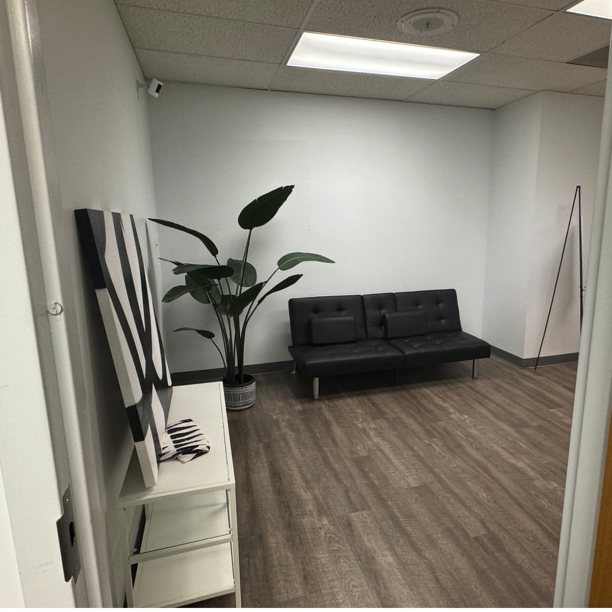 A minimalist office room with a black sofa, a potted plant, and a white cabinet with decorative items.