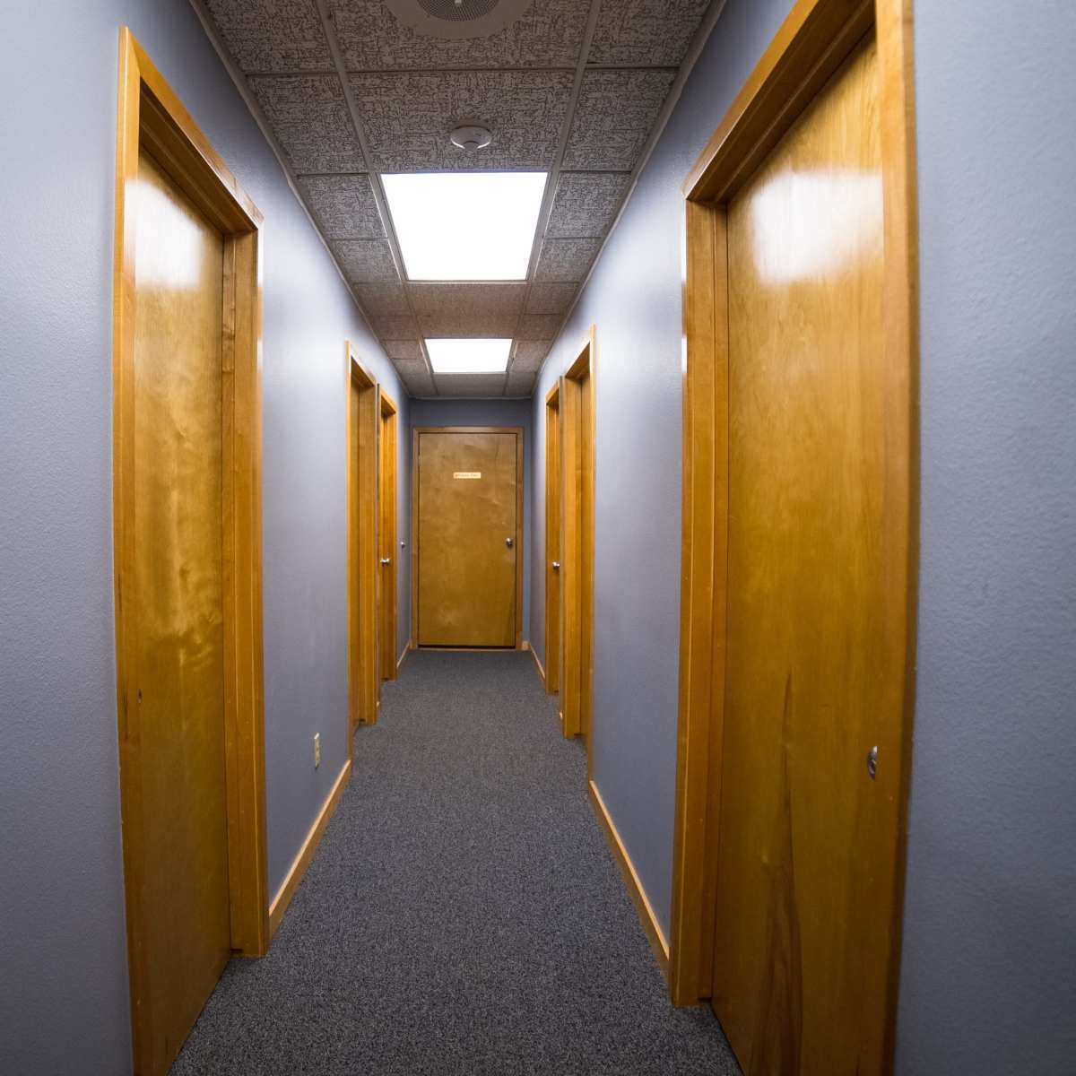 A long hallway featuring multiple wooden doors on each side with gray walls and carpeted flooring.
