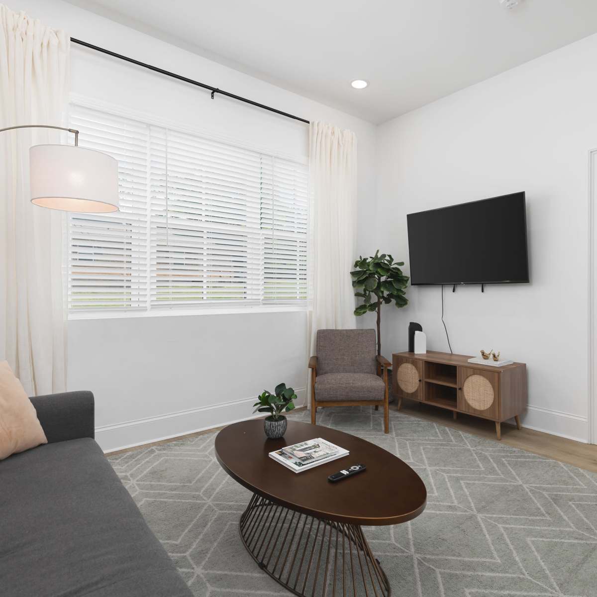 A modern living room with a gray sofa, a round coffee table, a potted plant, and a television mounted on the wall.