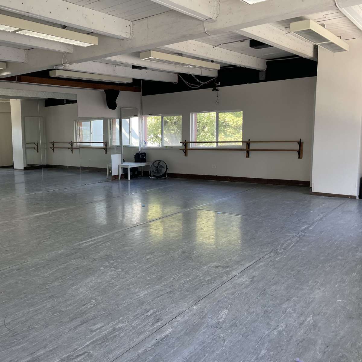 A spacious empty dance studio with wooden ballet barres, large windows, and a reflective gray floor.