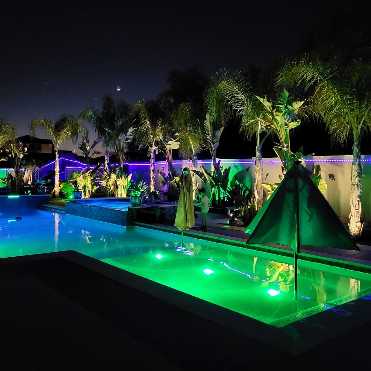 A well-lit backyard pool area featuring illuminated water, palm trees, and a tent-like structure, all under a night sky.