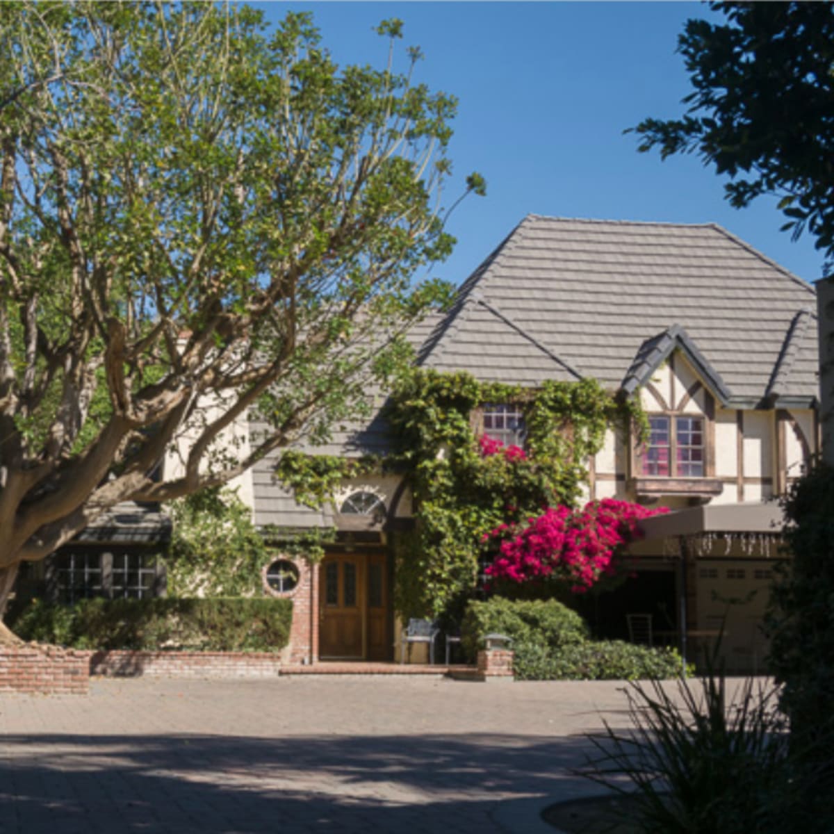 A large house with a steeply pitched roof surrounded by lush greenery and a prominent flowering tree in the front yard.