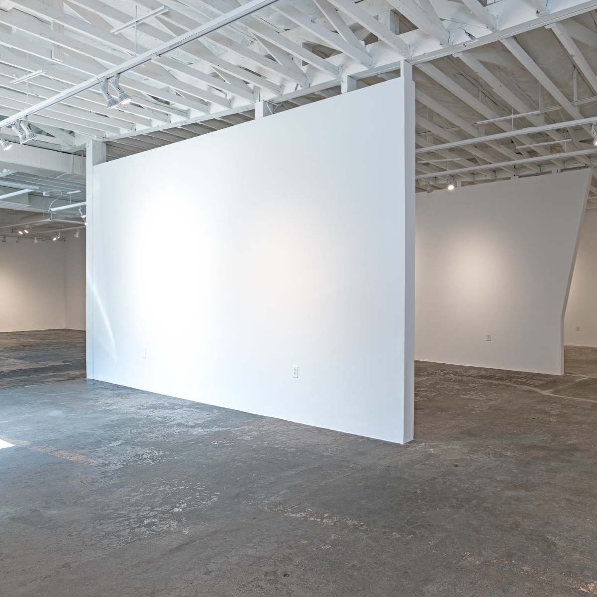 A minimalist art gallery features white walls and a concrete floor, with varying angles and lighting throughout the space.