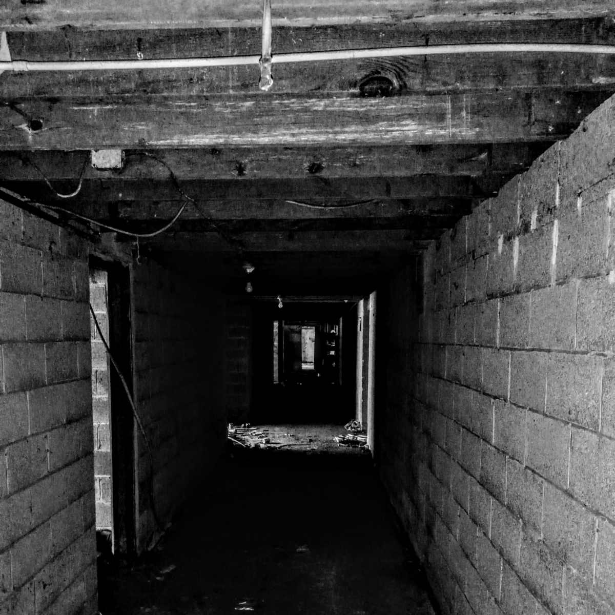 A dimly lit underground corridor features gray block walls and exposed wooden beams overhead.
