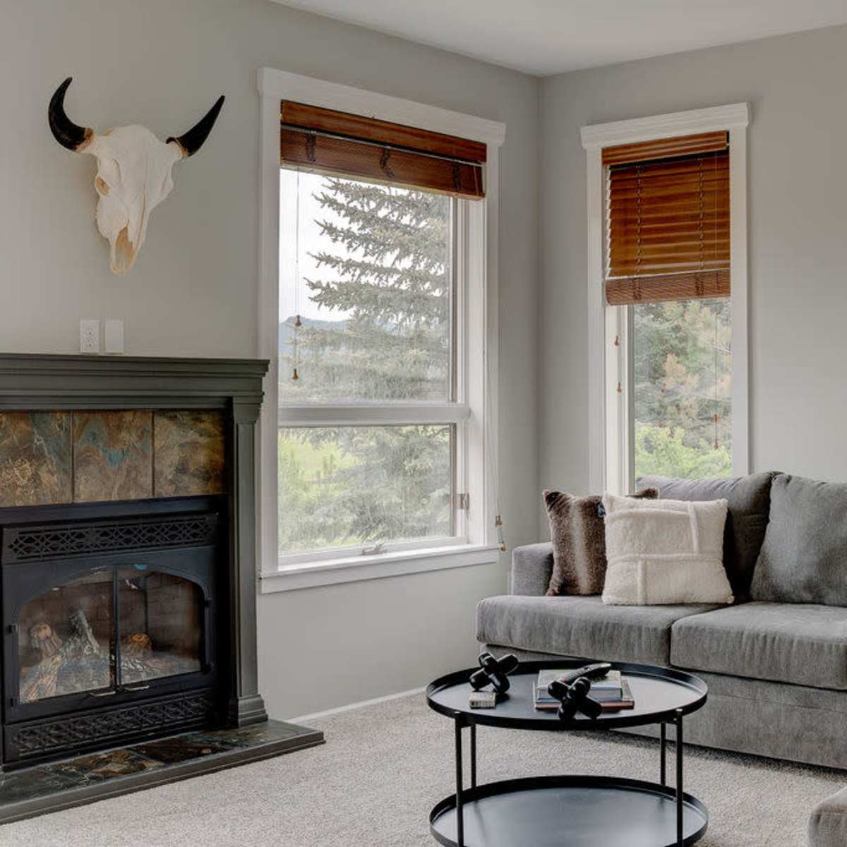 The living room features a gray sofa, a black coffee table with decorative items, a fireplace, and large windows with wooden blinds.