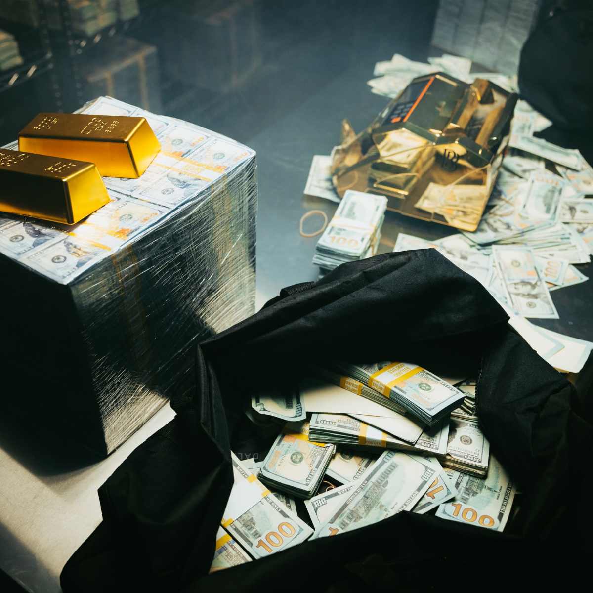 A stack of cash wrapped in plastic next to two gold bars, with more scattered cash around a black bag on a metallic table.
