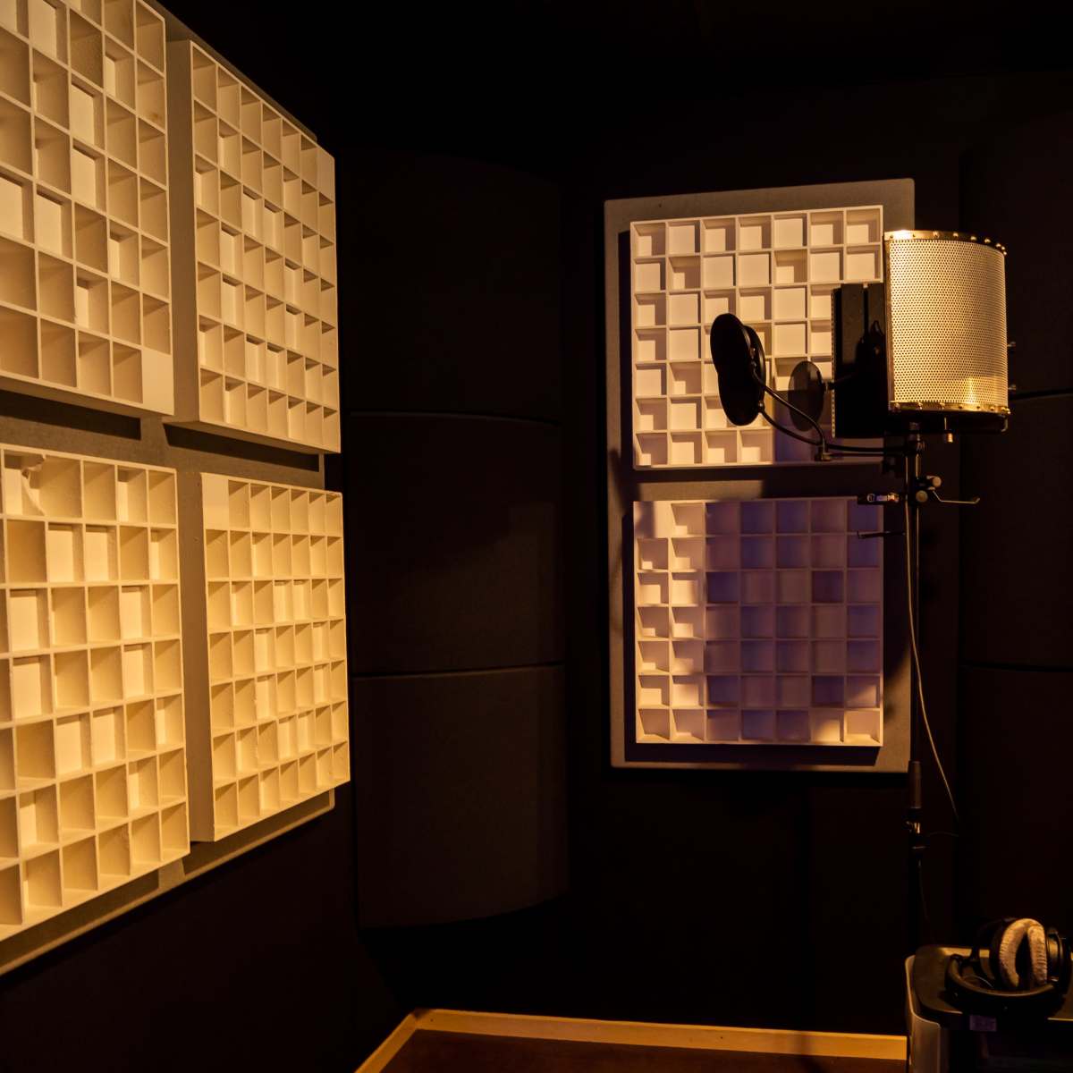 A recording studio with acoustic panels on the walls and a microphone stand positioned in front of them.