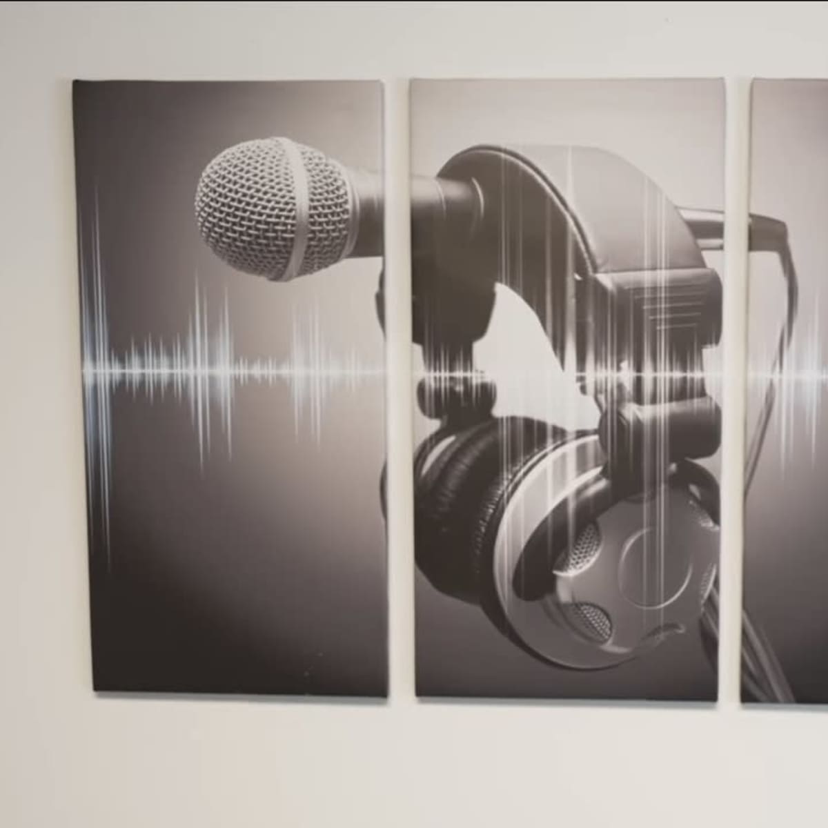 A triptych artwork featuring a microphone and headphones against a background of sound wave patterns.