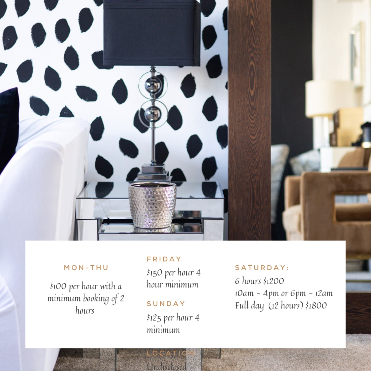 An advertisement for event and creative space rental at Club Brandywine, detailing booking rates and availability for different days of the week.