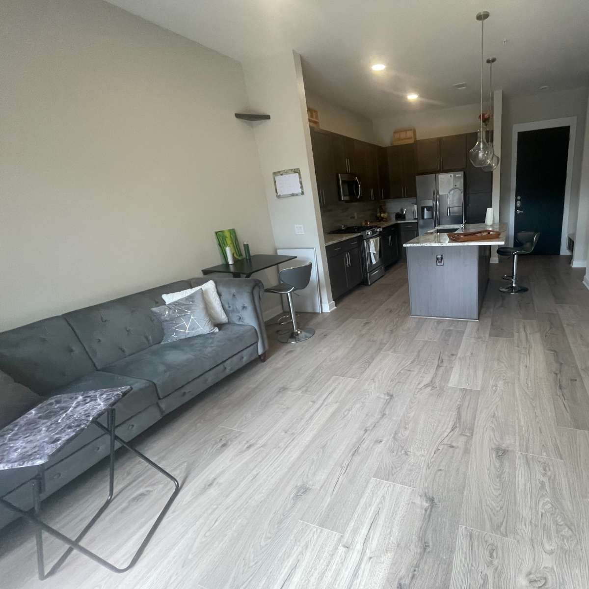 A compact modern living space featuring a kitchen with dark cabinets and a small seating area with a couch and side table.