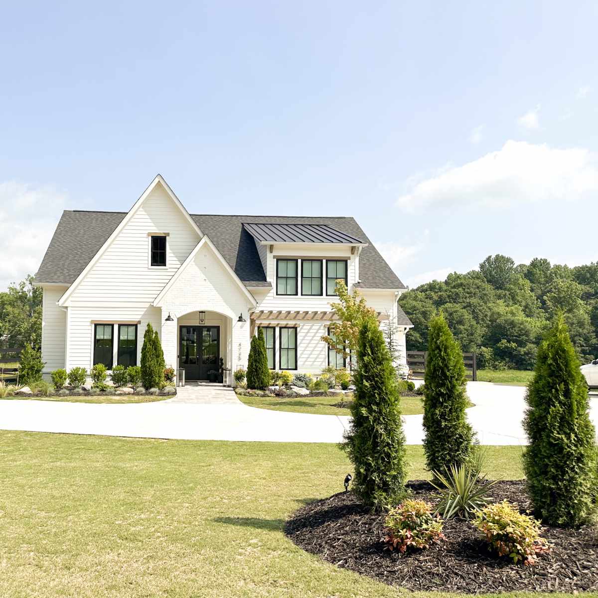 A modern two-story white house with a black roof, surrounded by neatly landscaped green grass and colorful flower beds.