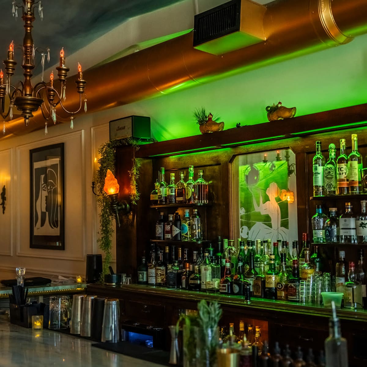A well-stocked bar with a variety of bottles on the shelves, illuminated by green lights and adorned with decorative elements.