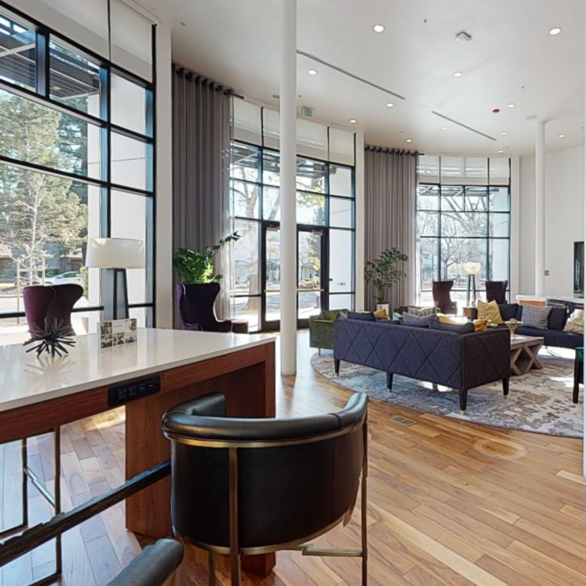 A spacious, modern lounge area with large windows, hardwood flooring, and contemporary furniture arranged around a central area rug.