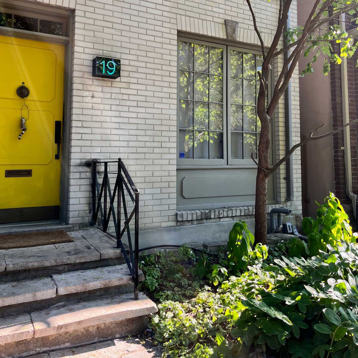 A light yellow front door with the number 19 displayed next to it, framed by white brick walls and a small garden with green plants.